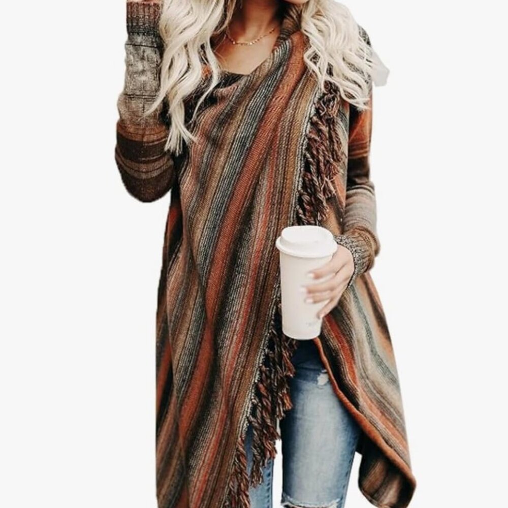Women's open front knitted tassels slash loose cardigan